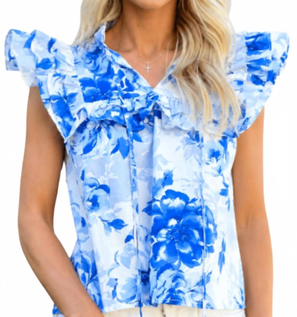 NEW MEET ME IN SANTORINI beauty ruffled flutter sleeves top in blue